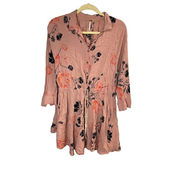 Free People Lena Mini Dress Floral Print Rose Black Red Drawstring Waist sz Smal - Picture 7 of 10
